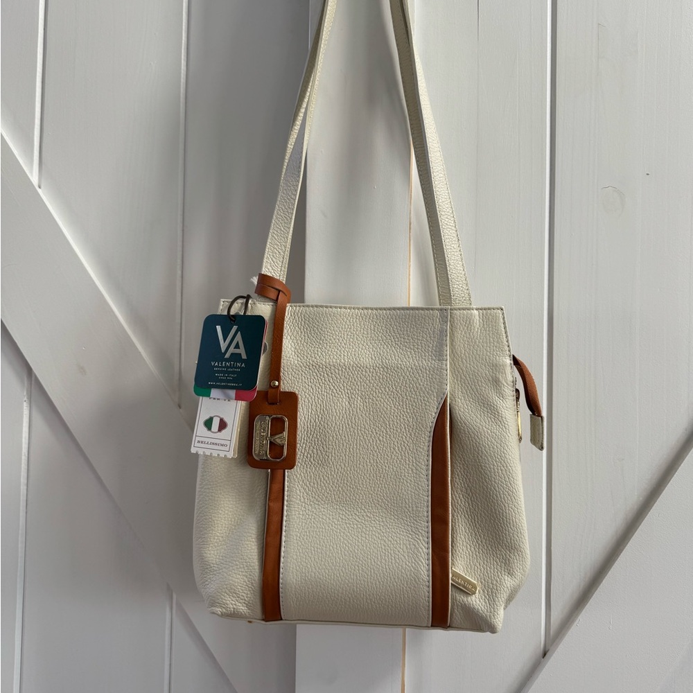 Valentina Pebbled Italian Leather Convertible Crossbody Cream & Cognac